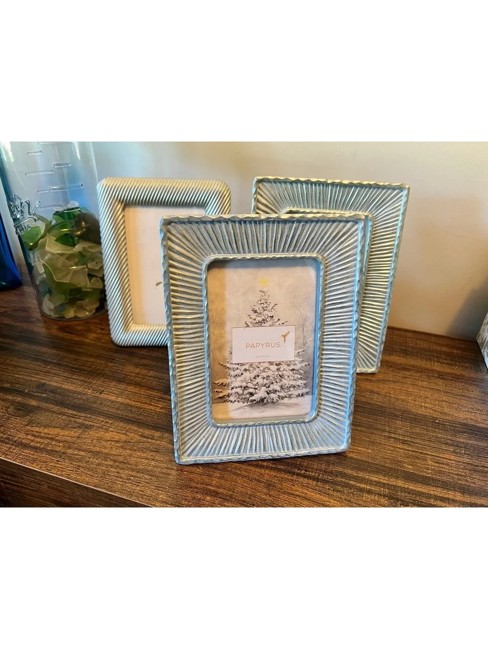 Lot of 3  PAPYRUS metallic seafoam blue and ivory Picture frames